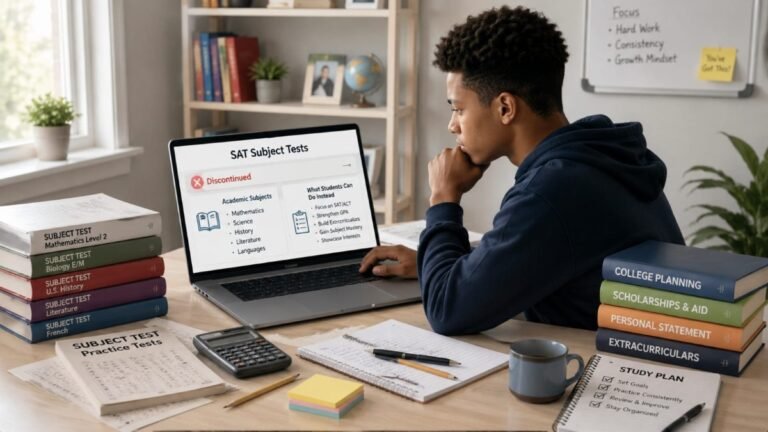 High school student researching SAT Subject Tests on a laptop with academic study materials