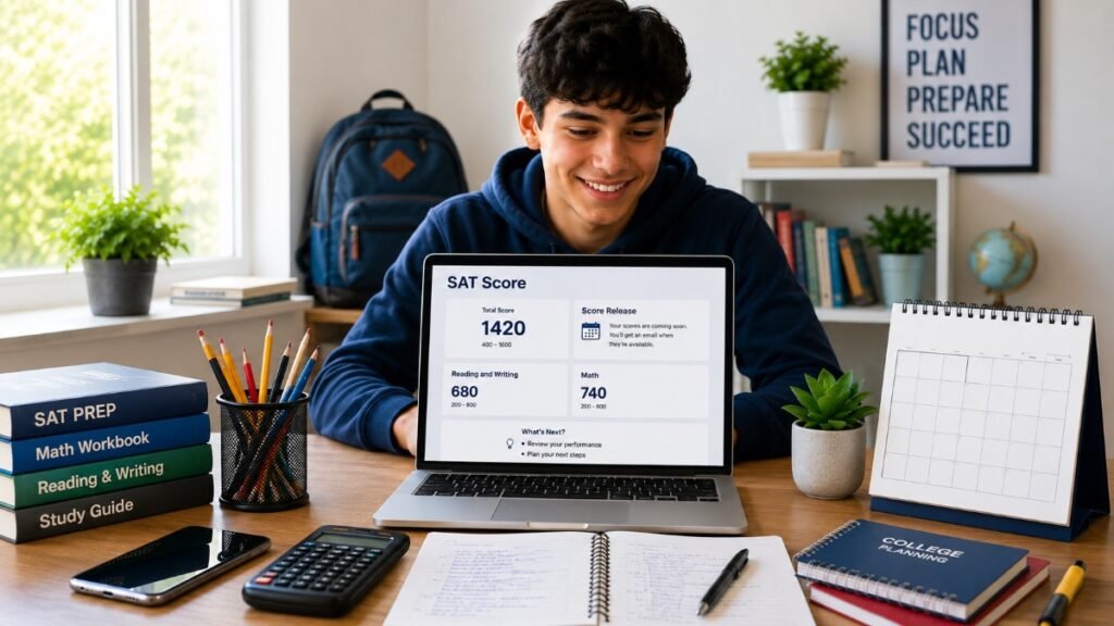 Student checking SAT score release information on a laptop