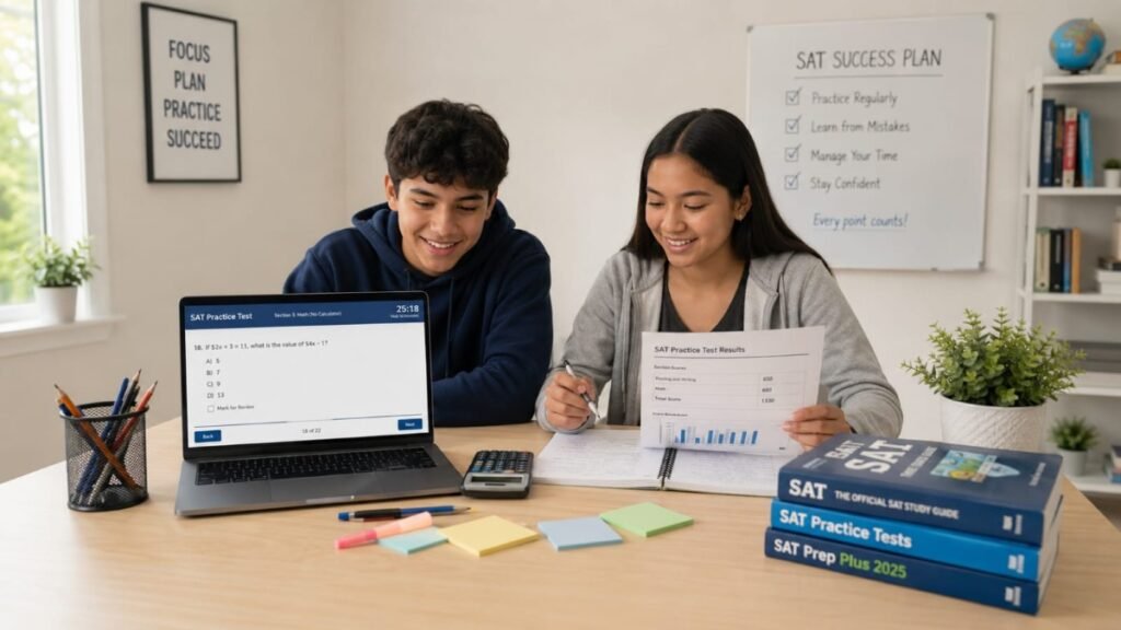 Students taking a digital SAT practice test and reviewing their results