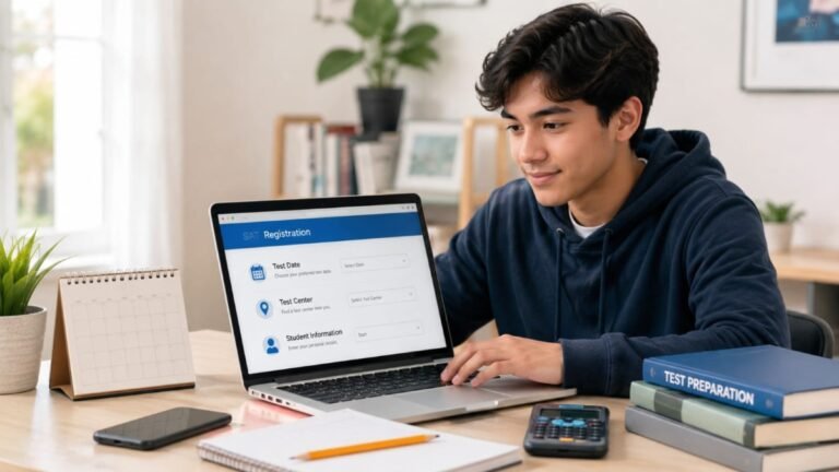 SAT registration guide showing a student completing SAT registration online
