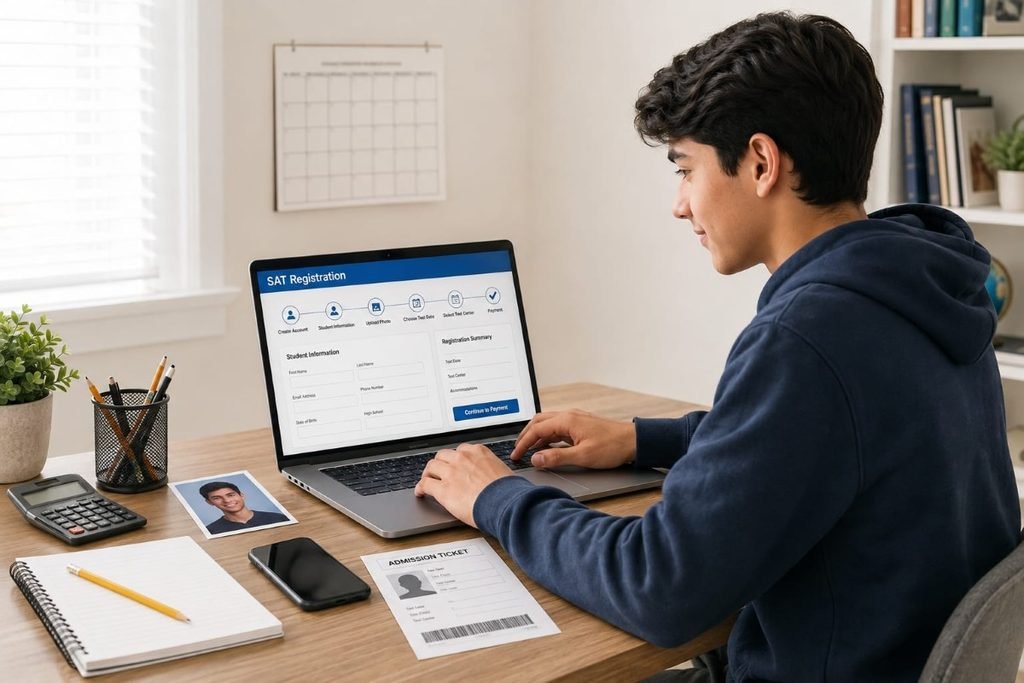 Step-by-step SAT registration process on a laptop