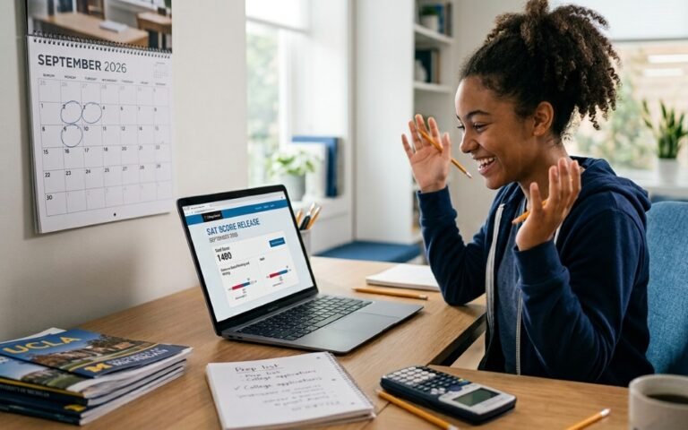 Excited high school student looking at laptop screen showing high SAT score results, with September 2026 calendar on wall.
