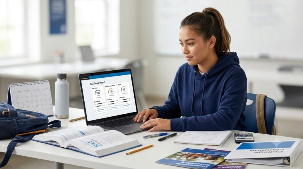 Student reviewing an SAT score report with total score, Math, Reading and Writing, and percentile information