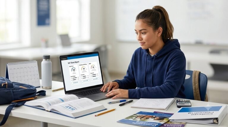 Student reviewing an SAT score report with total score, Math, Reading and Writing, and percentile information