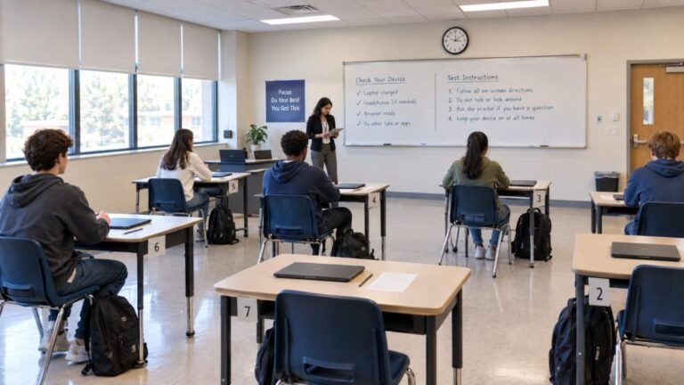Digital SAT testing center with students preparing for the computer-based exam