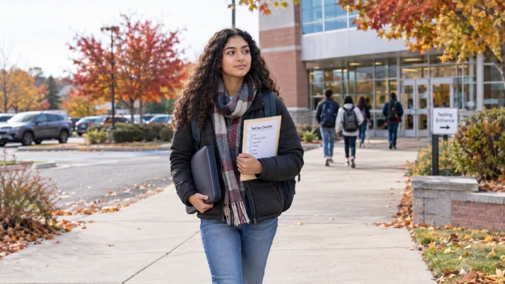 High school student arriving at a U.S. SAT testing center in November