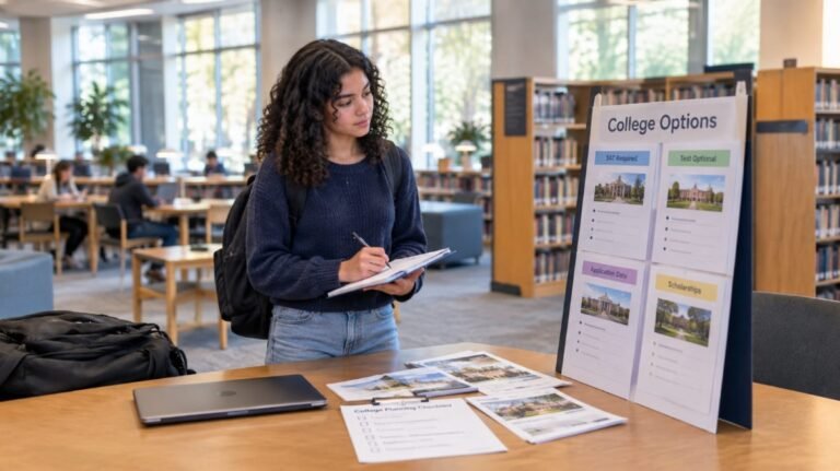 High school student comparing SAT testing policies for U.S. colleges