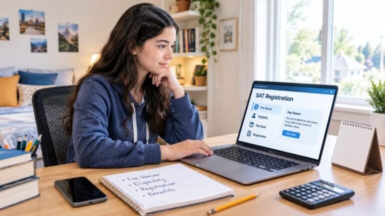 High school student reviewing SAT fee waiver information on a laptop