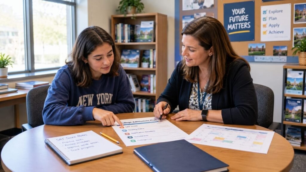 SAT for College Admissions High school student discussing SAT scores and college admissions with a counselor