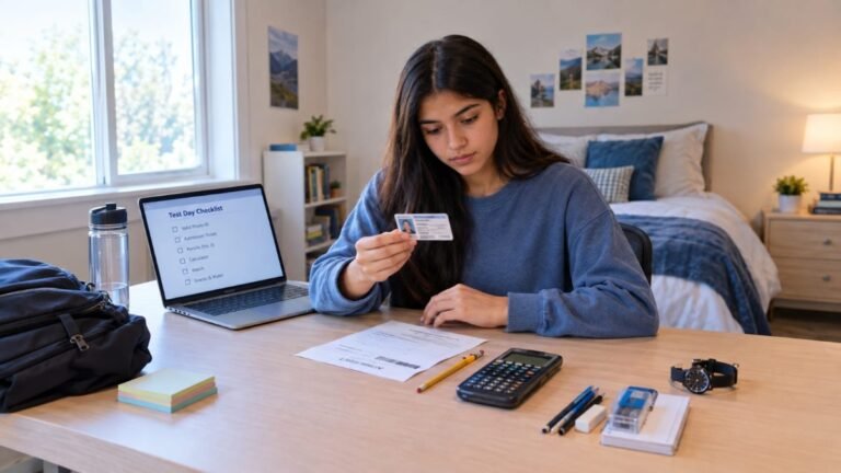 High school student checking photo ID before taking the SAT