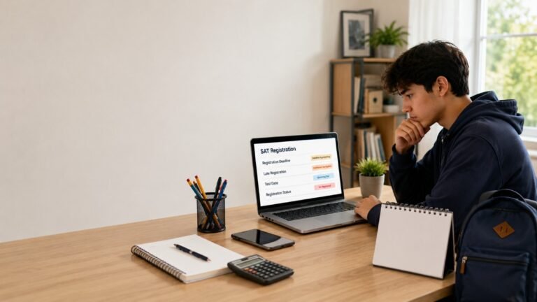 High school student checking SAT late registration information on a laptop
