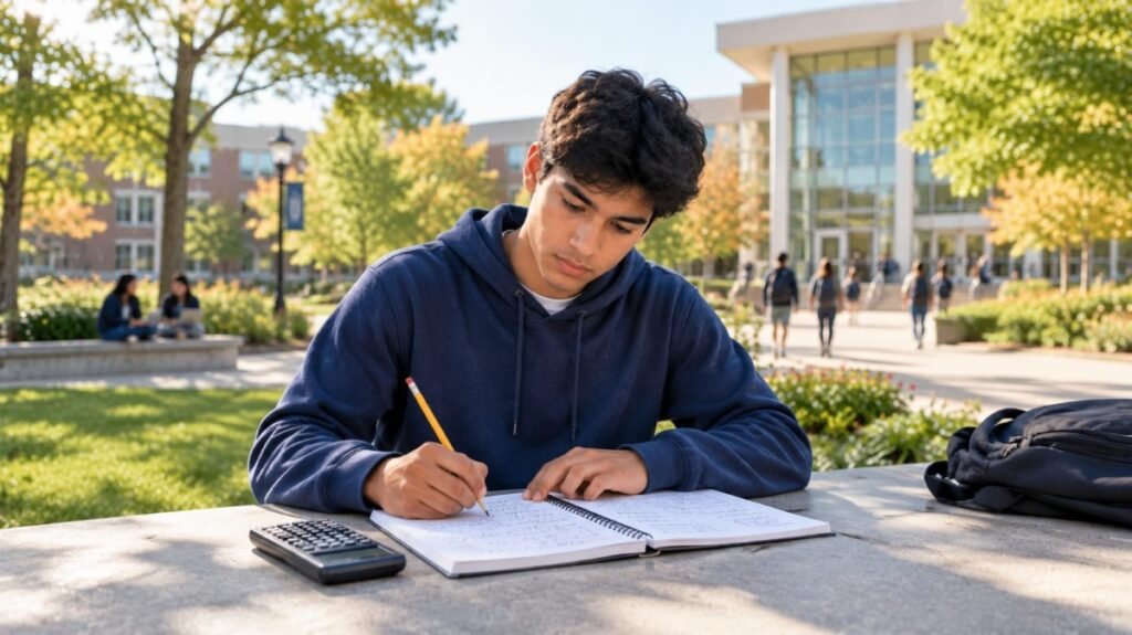 American high school student preparing for SAT Math near a U.S. college campus