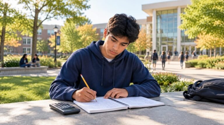 American high school student preparing for SAT Math near a U.S. college campus