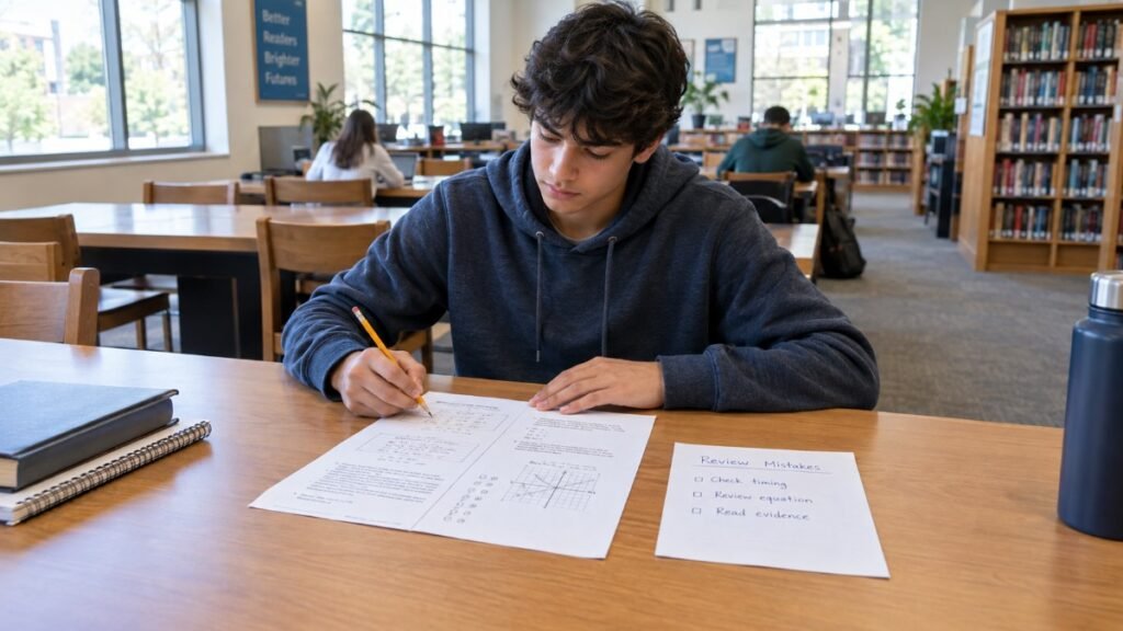 U.S. high school student solving SAT practice questions during a study session