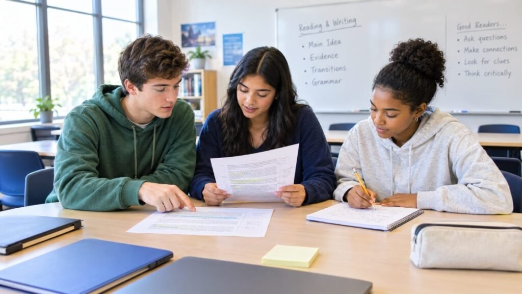 High school students working on SAT Reading and Writing skills in a U.S. classroom