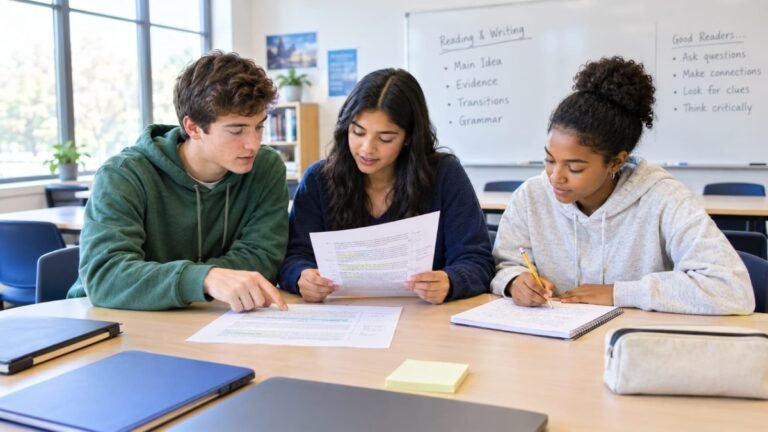 High school students working on SAT Reading and Writing skills in a U.S. classroom