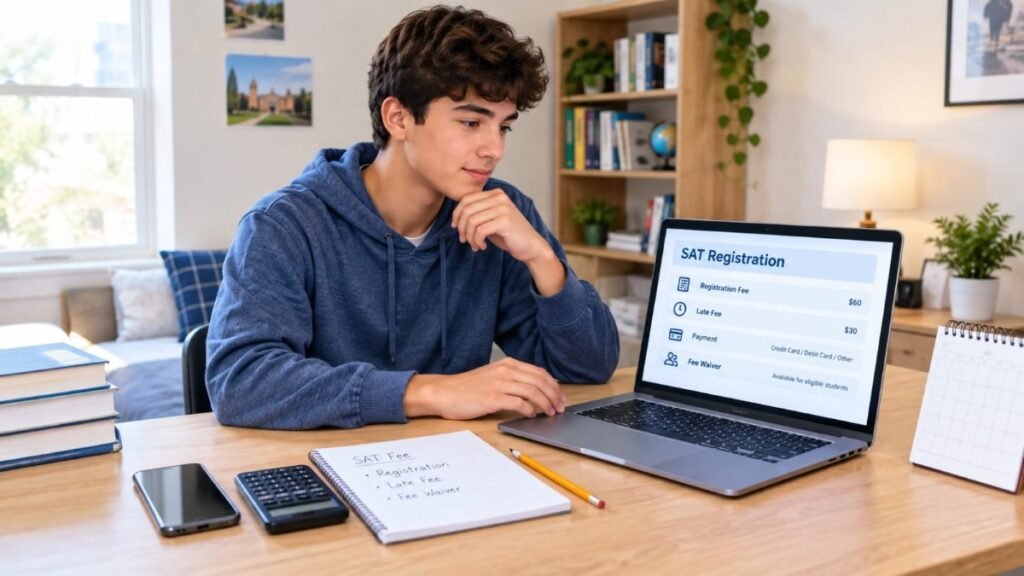 High school student reviewing SAT registration fees on a laptop