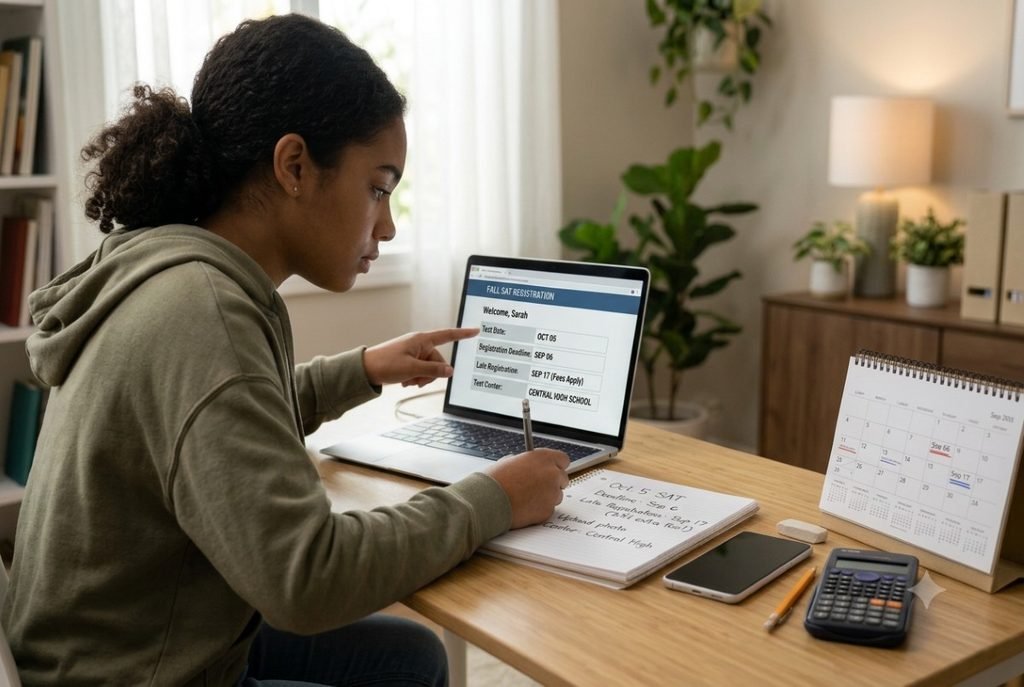 Student reviewing SAT registration and late registration deadlines on a laptop