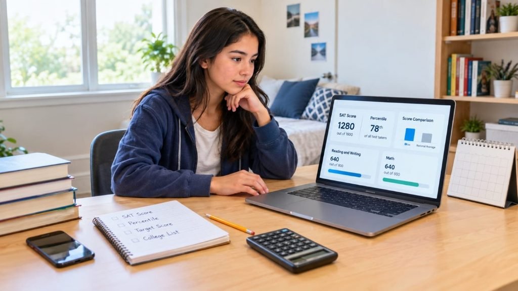 High school student reviewing SAT score percentiles on a laptop
