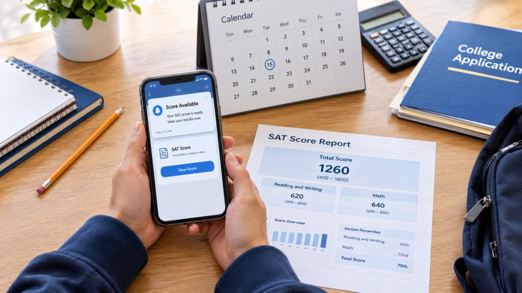 SAT score release day concept with a student checking a generic score notification beside a calendar