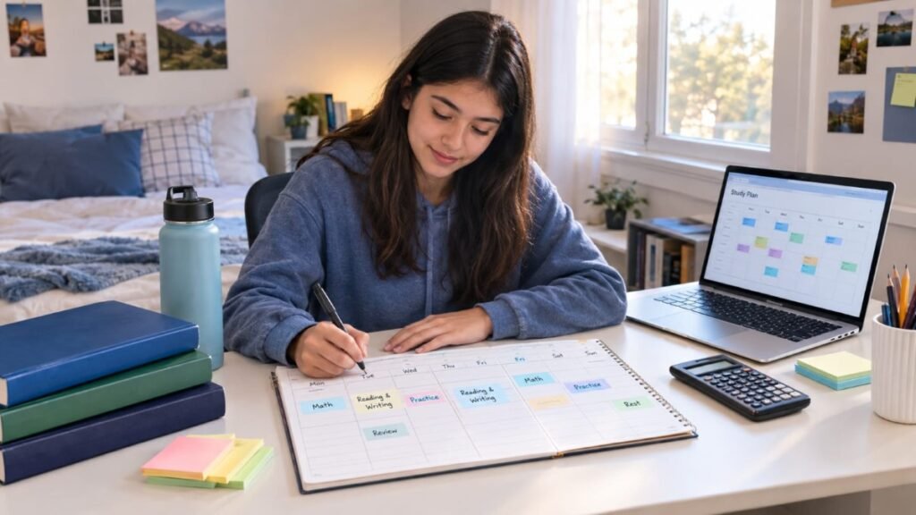 U.S. high school student planning a weekly SAT study schedule
