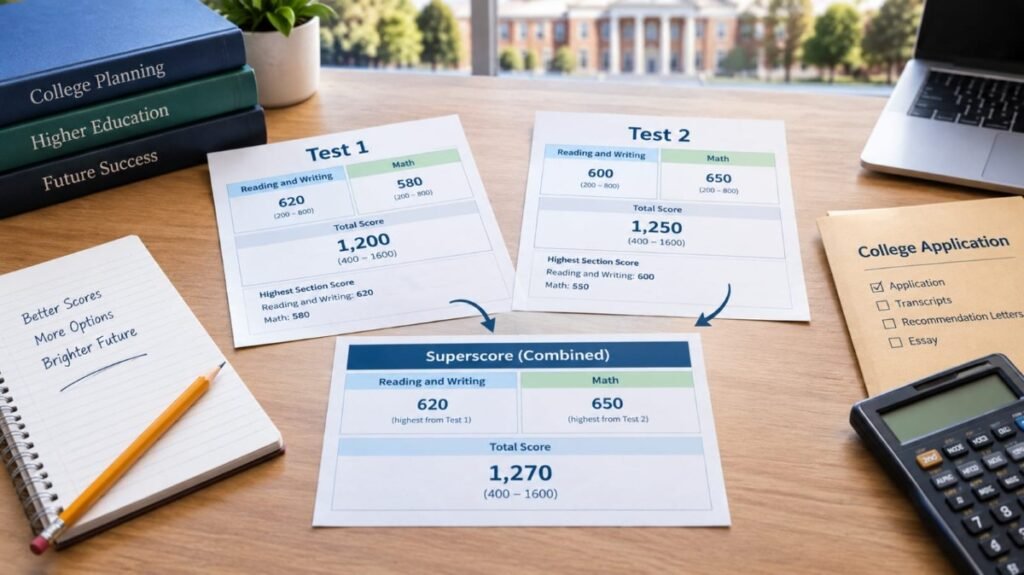 SAT superscore concept showing two SAT score reports combined into one higher section-based score