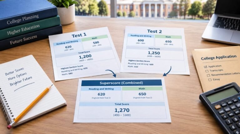 SAT superscore concept showing two SAT score reports combined into one higher section-based score