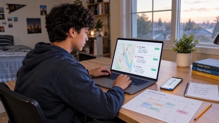 Student researching an SAT test center on a laptop at home
