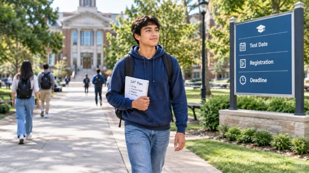 High school student planning SAT test dates on a U.S. college campus