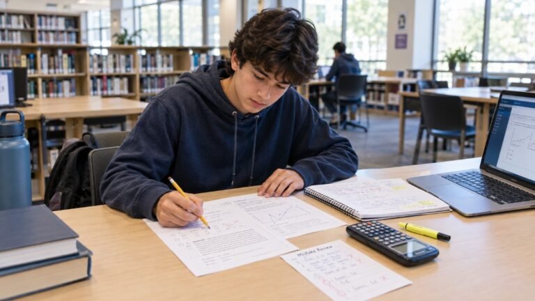 U.S. high school student using SAT study tips during a focused practice session