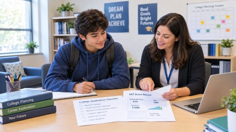 High school student reviewing SAT scores with a U.S. college campus in the background