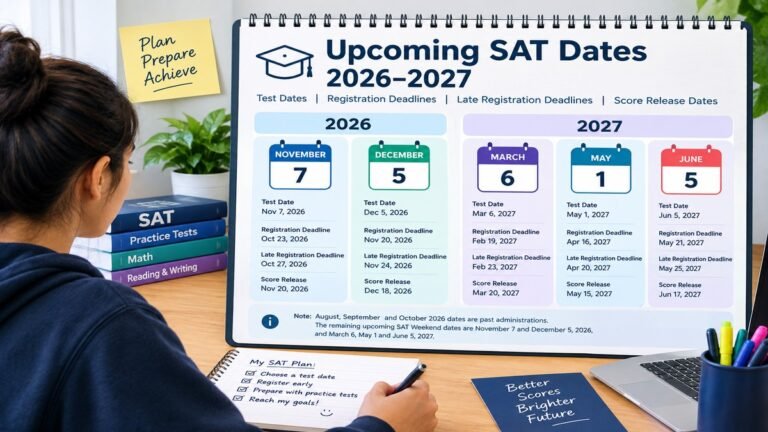 Upcoming SAT Dates for 2026–2027, showing test dates, registration deadlines, late registration deadlines, and score release dates.
