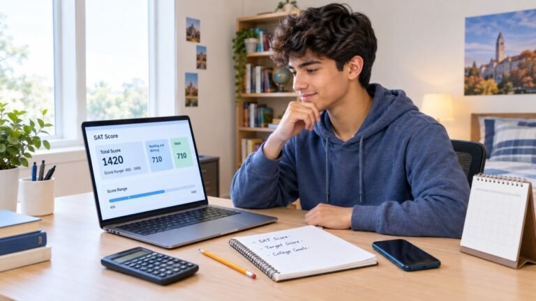 High school student reviewing SAT score on a laptop