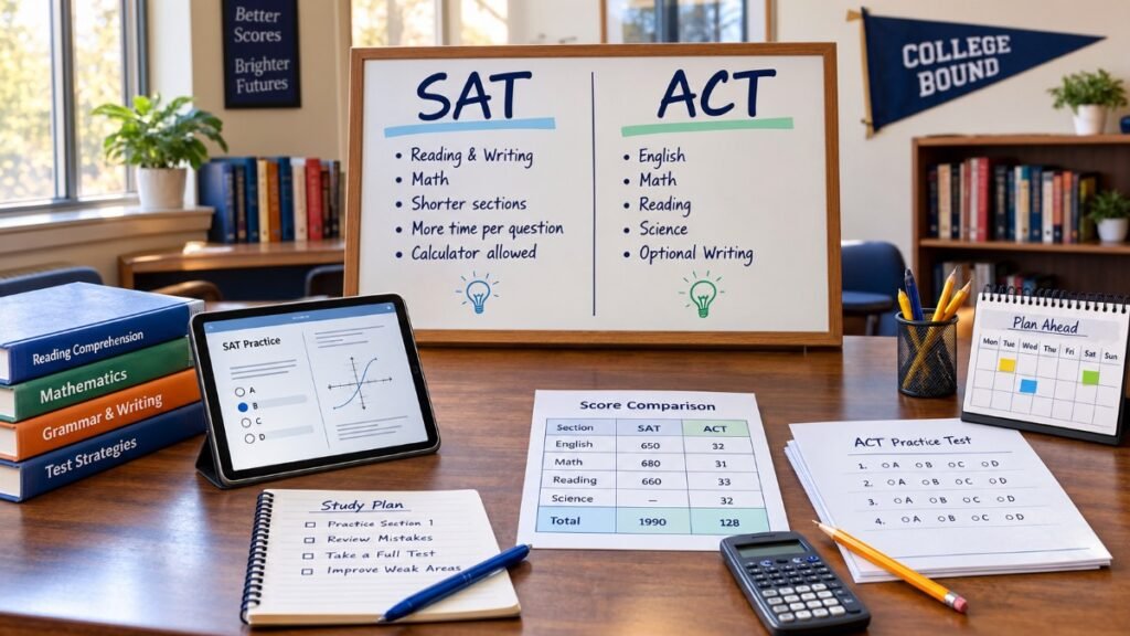 ACT vs SAT comparison board in a U.S. high school counseling room